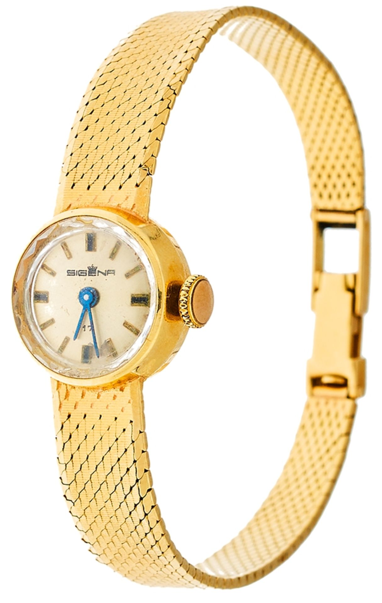 Dainty womens watch of the company Sigena. 1960er years. Watch case 750er yellow-gold, used. Watch