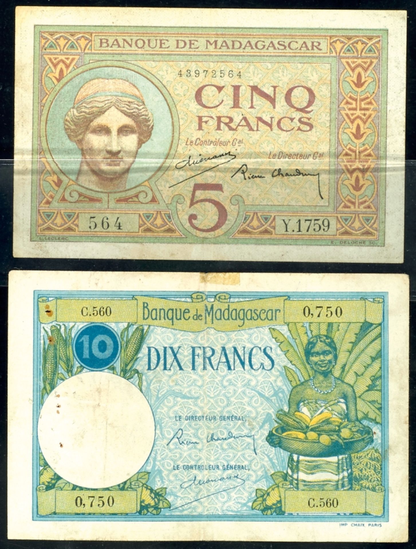  Madagascar, Banque de Madagascar: 5 und 10 Francs (1937-47), P- 35, 36 wobei P-36 mit Rostflecken/L