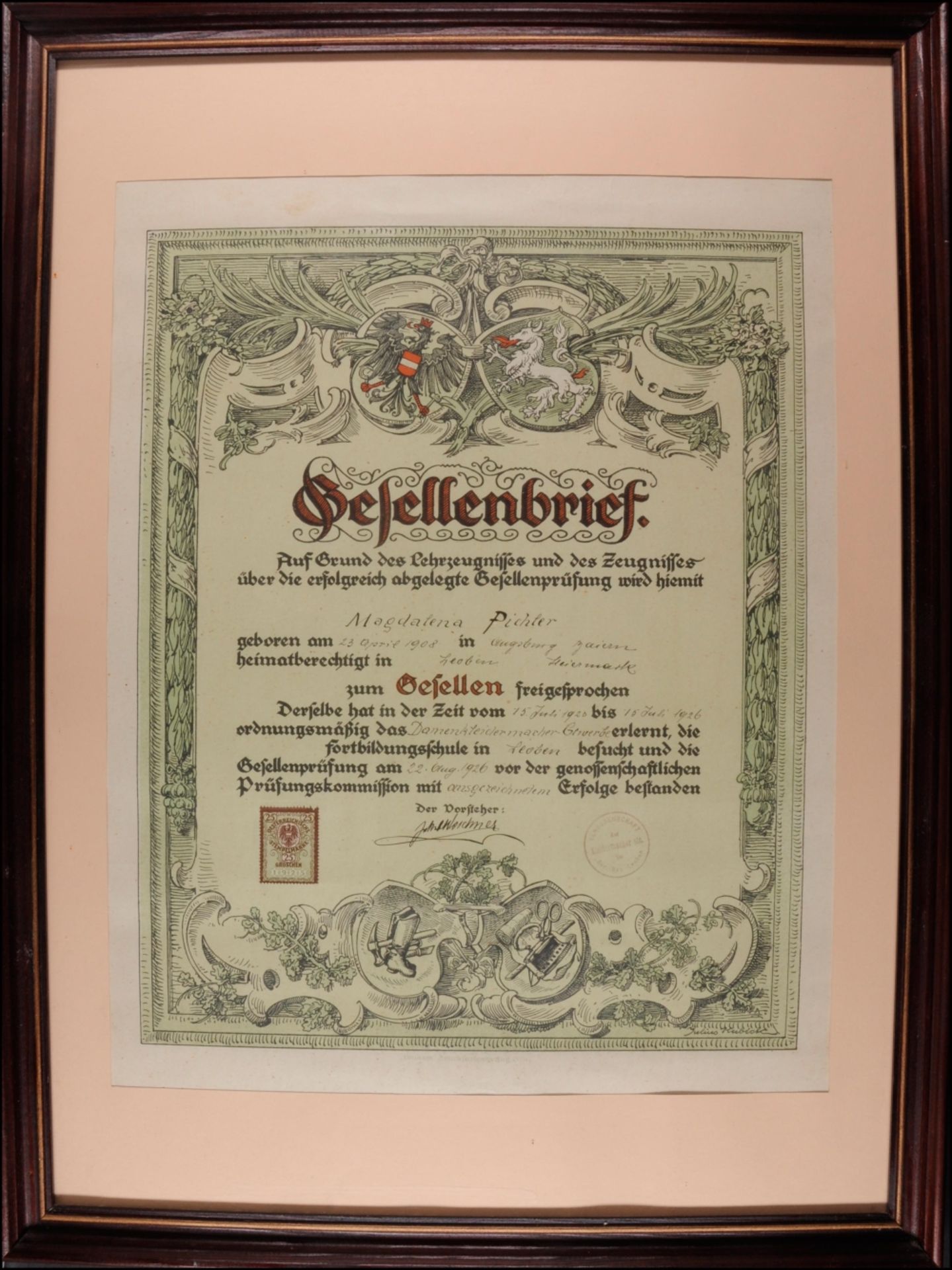 Österreich, 1926, Gesellenbrief, Damenkleidermacher-Gewerbe, datiert 22. August 1926, Leoben Steierm