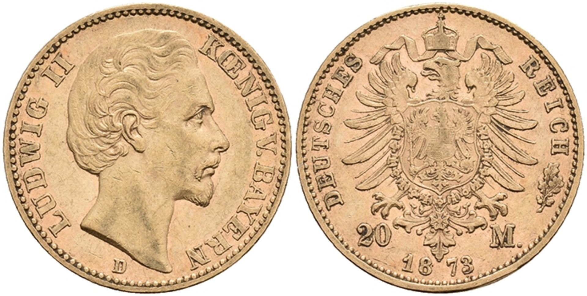 20 Mark, 1873, Ludwig II., small edge nick, ss. J. 194.