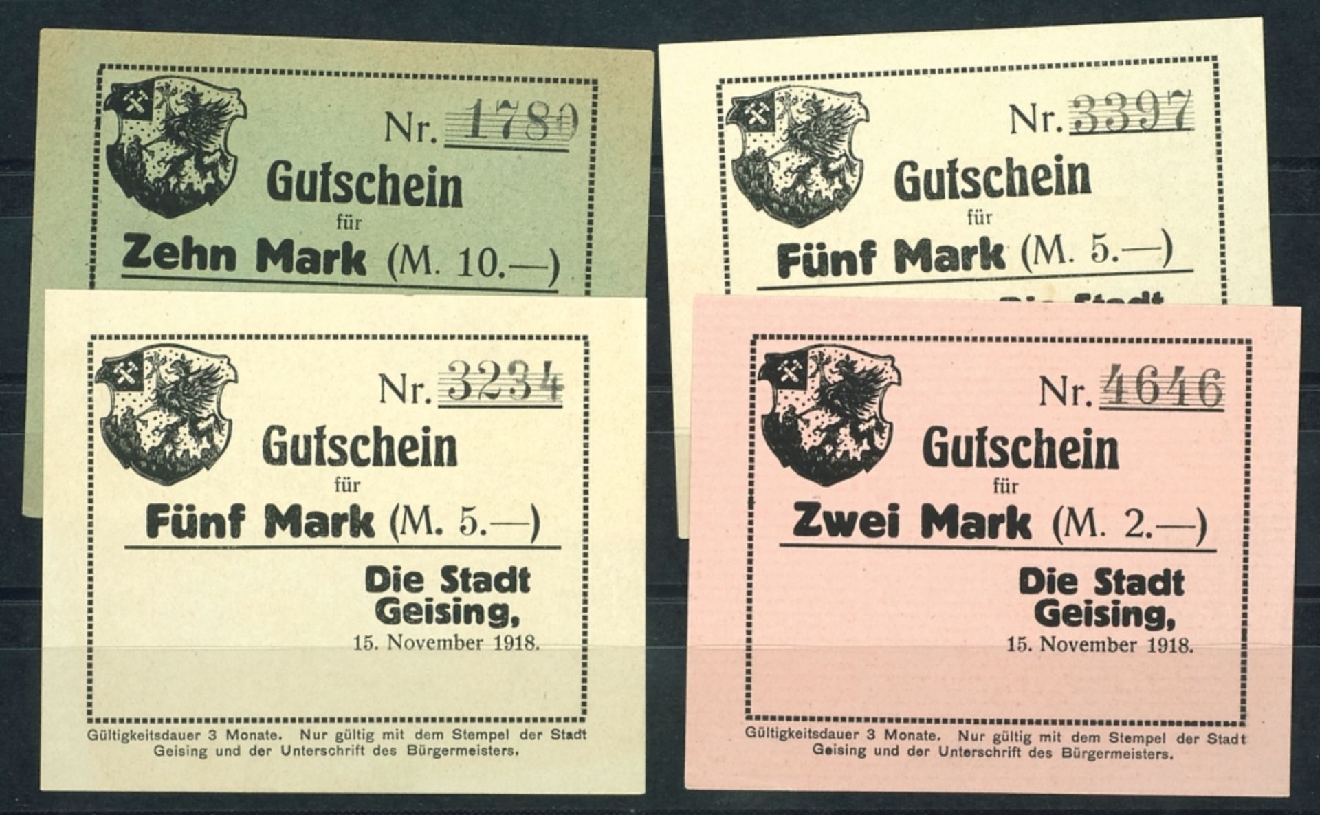 Sachsen, Geising, 4St.: 2, 5(2x) und 10 Mark 15. 11.1918, Gutschein, Geiger 169, Erh. I.