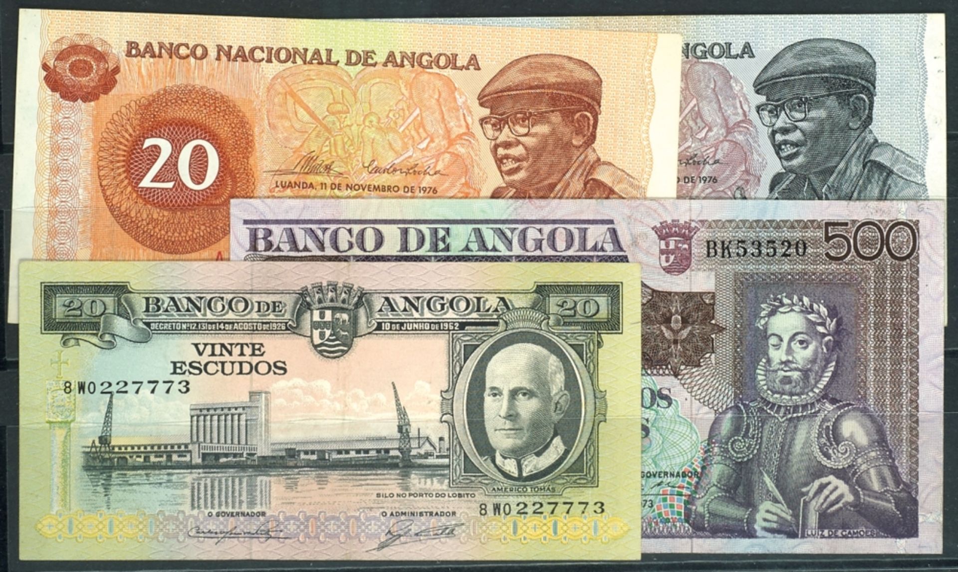 Afrika, Angola, Lot 4 St.: Banco de Angola , 20 Escudos 1962 (P- 92); 500 Escudos 1973 (P- 107); Ban