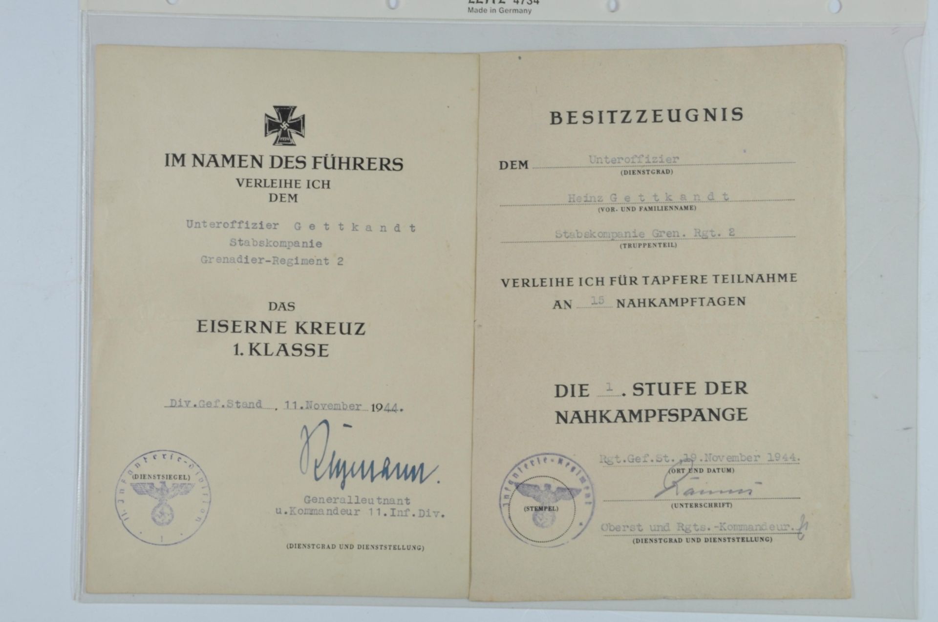 2x Urkunde eines Angehörigen Stabskompanie Grenadier-Regiment 2, Verleihungsurkunde Eisernes Kreuz 1
