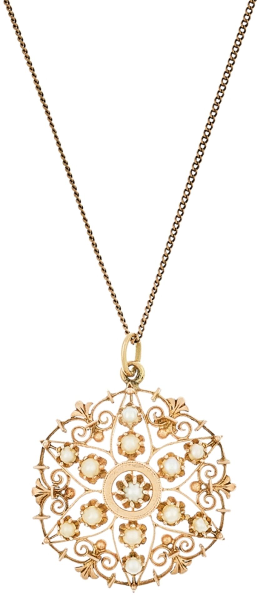 Biedermeier pearls pendant with chain, 8 K rose gold, 5, 2 g, natural pearls stellar organized,
