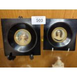 Pair of miniature portraits in ebonised frames. 11cm diameter