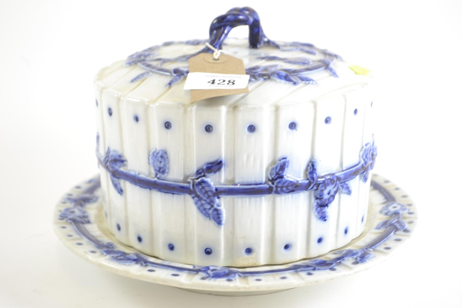 Blue & white earthenware cheese bell & cover, stand 26.5cm diameter 
