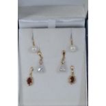 Three pairs of 9ct gold & gem set earrings, the cultured pearl earrings with screw back clip fitting