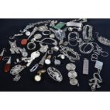 Silver jewellery inc. ID bracelet, key, brooches, buttons, earrings, ring & scrap, gross weight 164