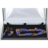 9ct gold, lapis lazuli & red stone necklace & pair of earrings, circumference 460mm & length 48mm re