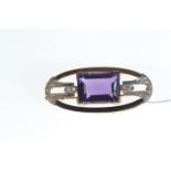 Art Deco style gold, approx. 20 carat amethyst & diamond brooch, gold marks worn but tests positive