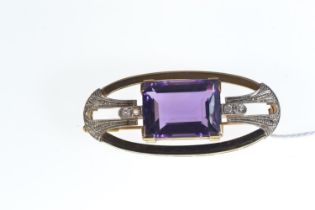 Art Deco style gold, approx. 20 carat amethyst & diamond brooch, gold marks worn but tests positive 