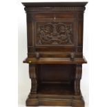 Oak marble lined livery cabinet, with carved drop-front panel & column supports. H150cm W90cm D42cm