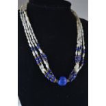 9ct gold, lapis lazuli & seed pearl necklace, circumference 420mm, one strand loose & requires restr