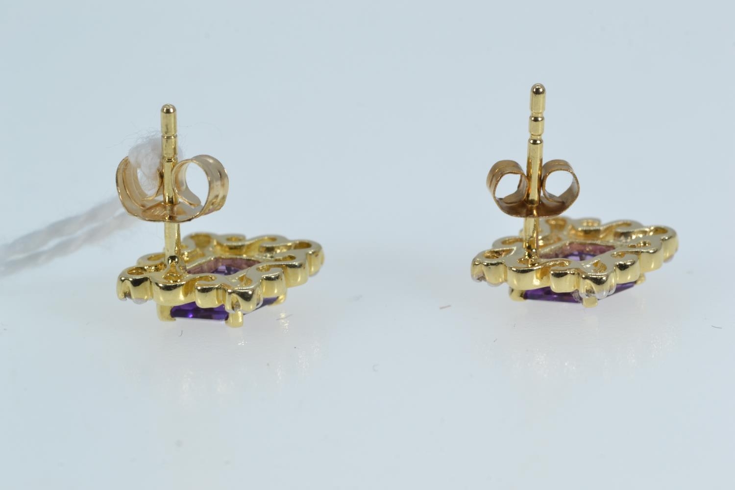 Pair of 14ct gold, amethyst & diamond earrings, one butterfly 9ct gold, gross weight 1.85 grams  - Image 2 of 2
