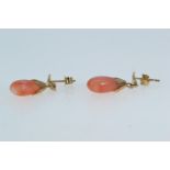 Pair of 9ct gold & coral pendant earrings, length 26mm, gross weight 1.63 grams