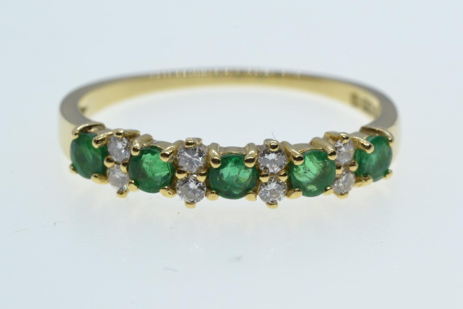 18ct gold, emerald & diamond half hoop ring, size P, 2.34 grams 