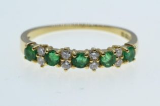 18ct gold, emerald & diamond half hoop ring, size P, 2.34 grams 