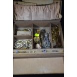 Leather bound jewellery box containing rolled gold items, silver cameo, other silver & gilt costume