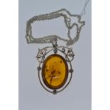 Silver & amber pendant & chain, pendant length including bale 67mm, chain circumference 505mm, gross
