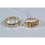 Yellow metal, diamond, red stone & seed pearl ring, tests positive for 18ct gold, size J1/2, 1.66 gr