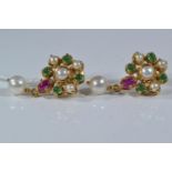 18ct gold, ruby, emerald & cultured pearl earrings, length 25mm, gross weight 9.11 grams