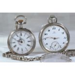 Victorian decorative pocket watch with silver HM albert chain and Omega pocket watch, both running