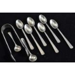 Set of six silver coffee spoons, maker CWF, Sheffield 1941, a pair of silver sugar tongs, maker FH,