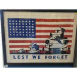 Framed vintage 'Lest We Forget' American flag, with 48 stars, flag measures 90cm x 63cm