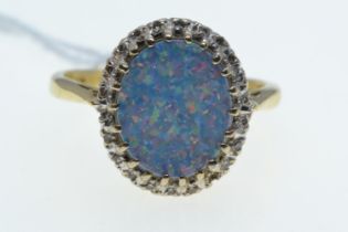 18ct gold, opal doublet & diamond cluster ring, size O, 4.83 grams 