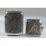 Two silver vesta cases, one initialled maker TH, Birmingham 1896, the other with a figure of a golfe