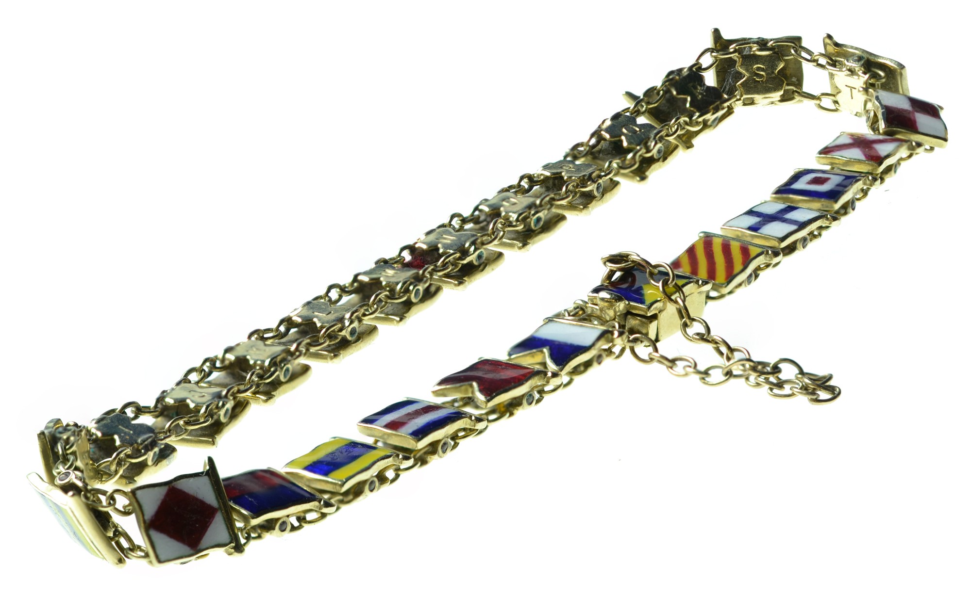 14ct gold & enamel nautical alphabet flag pennant link bracelet, 200mm long, 12 grams  - Image 2 of 2