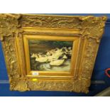 Oil on board of swimming ducks in an ornate gilt frame (unsigned) 50cm wide x 43cm high (inclusive o