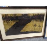 City bridge scene, wood cut screen print 4/10. Signed lower right (illegible) 1973. In the style of