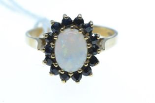 9ct gold, opal & sapphire cluster ring, size K, 2.59 grams 