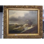 Oil on canvas or stormy scene in ornate gilt frame, unsigned, framed 86cm x 74cm