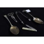 Two George III silver serving spoons, two silver pairs of sugar tongs & a silver & mother-of-pearl h