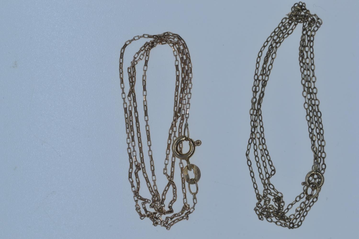 Two 9ct gold neck chains, circumference 425mm & 495mm respectively, gross weight 2.08 grams 