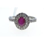 18ct white gold, ruby & diamond cluster ring, size R, 5.68 grams