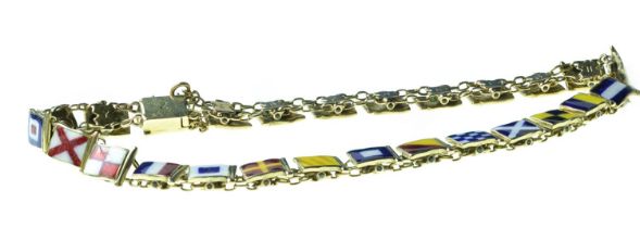 14ct gold & enamel nautical alphabet flag pennant link bracelet, 200mm long, 12 grams 