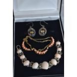 Silver & coral bracelet, gilt silver necklace & pair of silver stone set earrings, gross weight 30.4