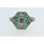 Platinum, diamond & emerald Art Deco style ring, size N, 5.43 grams