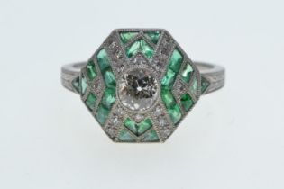 Platinum, diamond & emerald Art Deco style ring, size N, 5.43 grams 