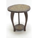 Small pokerwork occasional table. H50cm D44cm