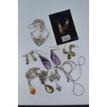 Silver jewellery, some stone set, including five pairs of pendant earrings & four pendants with chai