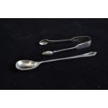 Pair of late Victorian silver sugar nips, maker JR, Sheffield 1892, together with a silver long spoo