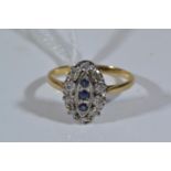 18ct gold, sapphire & diamond marquise ring, size N1/2, 3.19 grams