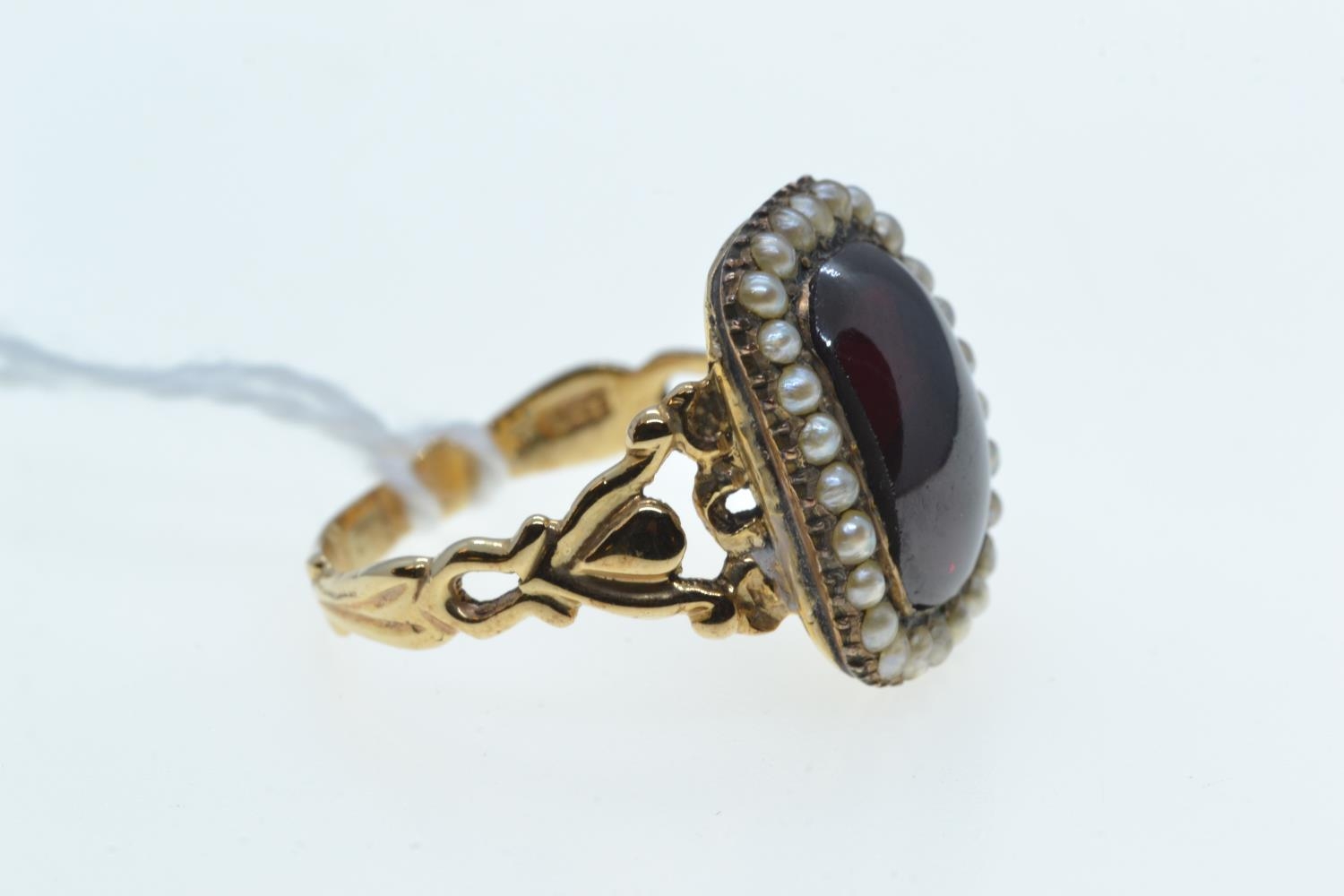 9ct gold, garnet & seed pearl cluster ring, size Q, 5.83 grams  - Image 2 of 3
