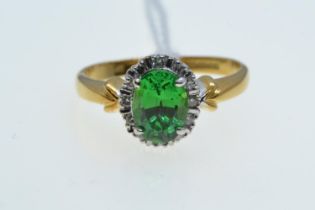 18ct gold, green garnet & diamond cluster ring, size N, 3.84 grams 