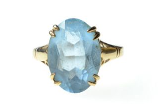 9ct gold ring claw-set with an aquamarine coloured stone, size L, 2.6 grams 