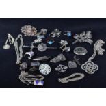 Collection of silver jewellery, some stone set, comprising a HM kilt pin, marquisate brooch & clip,